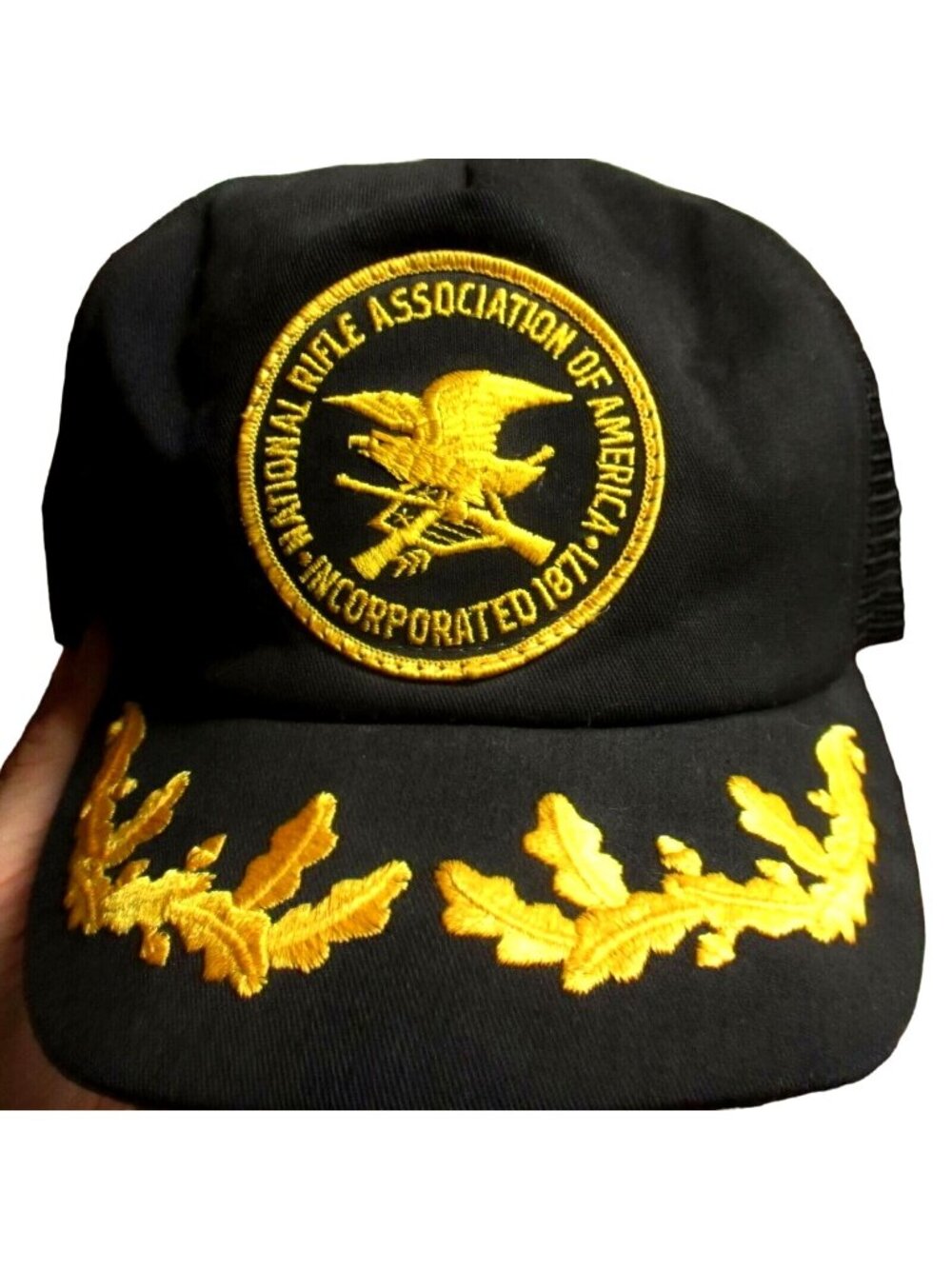 Vintage Snapback Cap NRA National Rifle Association Black Gold Embroidered Mesh